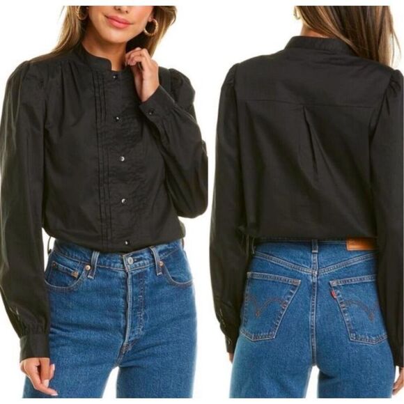 Walter Baker Sia Cotton Top Black Pleated Button Down Blouse Size Medium Neutral - Picture 1 of 13